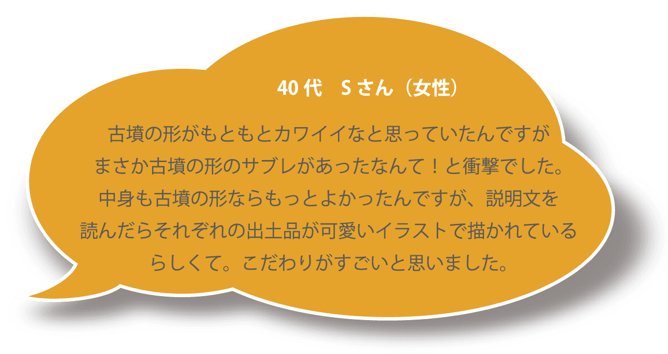 40代 Ｓさん（女性） 古墳の形がもともとカワイイなと思っていたんですがまさか古墳の形のサブレがあったなんて！と衝撃でした。中身も古墳の形ならもっとよかったんですが、説明文を読んだらそれぞれの出土品が可愛いイラストで描かれているらしくて。こだわりがすごいと思いました。